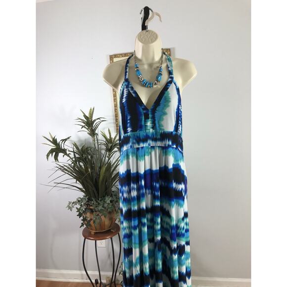 Iman Women LG Maxi Dress Halter Artsy Boho Geometric Pullover Elastic Back - Picture 2 of 12